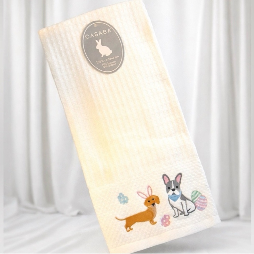NWT Casaba Easter Spring Dog Print Kitchen Towel Set 3 Pk Cotton Blend